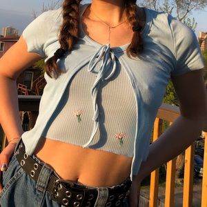 Zaful light blue shirt sleeve tie top